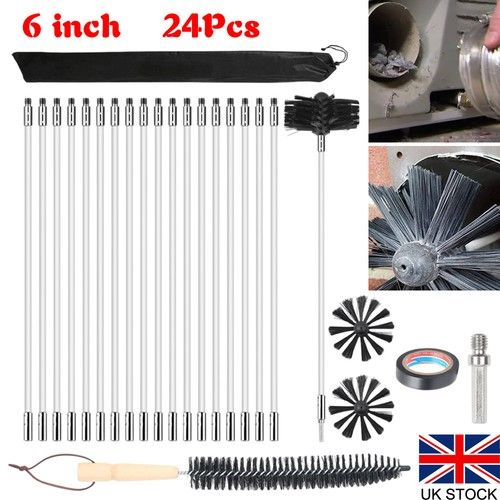 24x Chimney Sweep Set 6inch Flue Sweeping Brush & Rod Kit Soot Cleaning Rods Set