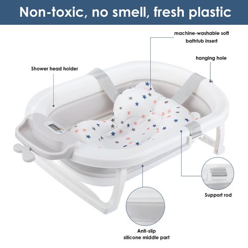 Foldable Baby Bath Tub Ergonomic with Temperature & Cushion Bath Pad + Bath Net — image 5
