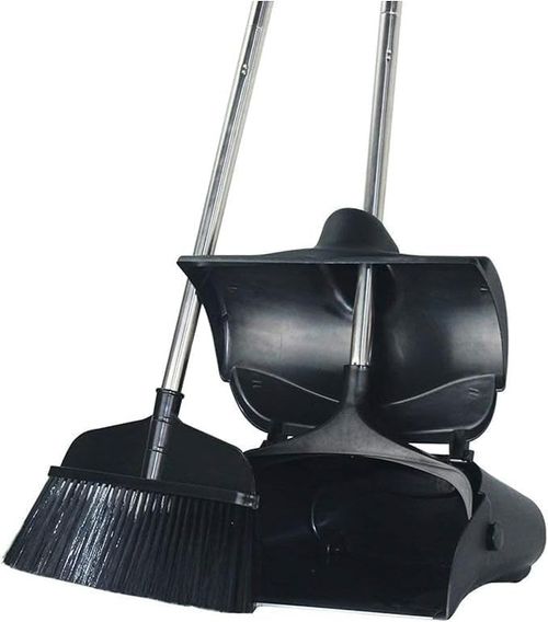 Heavy Duty Long Handled Dustpan and Brush Set, Wheel Attached Standing Dust Pan — image 1