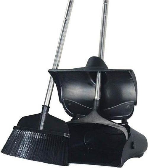 Heavy Duty Long Handled Dustpan and Brush Set, Wheel Attached Standing Dust Pan