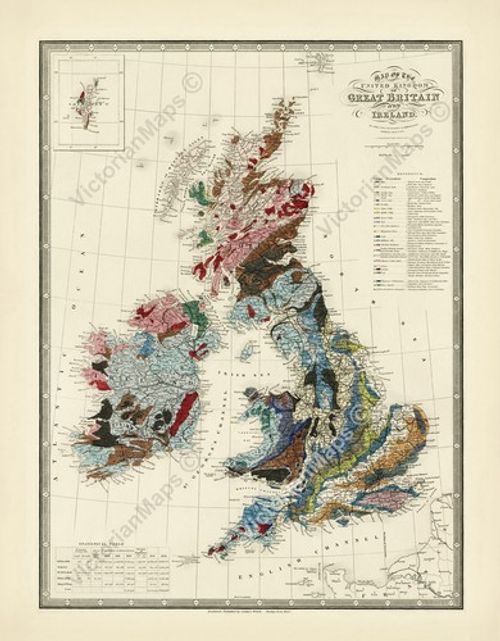 Antique geological map GREAT BRITAIN Victorian Wyld 1844 wall art print poster