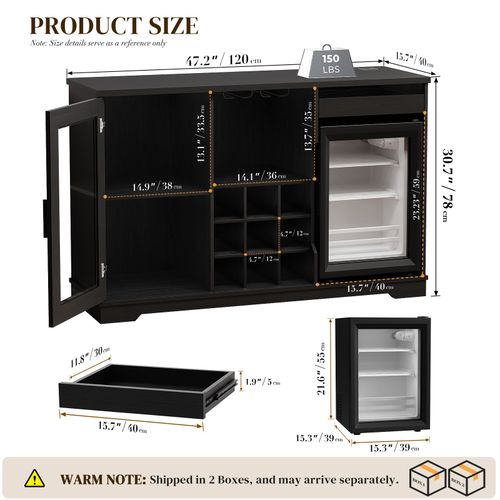 Coffee Bar Cabinet with Fridge, 47" Buffet Sideboard with Wine Rack & LED Lights — image 2