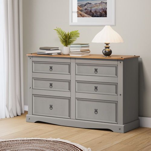 Corona Chest of Drawers 3+3 6 Drawer Low Wide Grey Sideboard Solid Wooden Pine