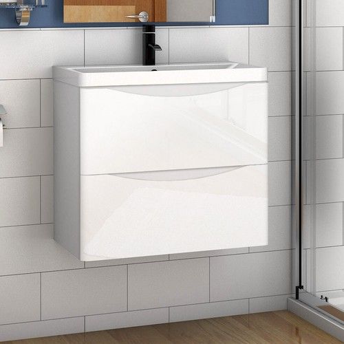Bathroom Vanity Unit with Basin Cloakroom Sink Unit Wall Hung Two Drawers White
