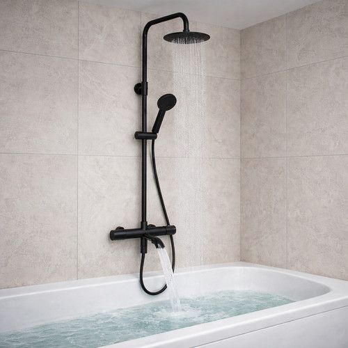 Matt Black Thermostatic Bar Shower With Bath Filler 3 Outlet Round Riser Kit