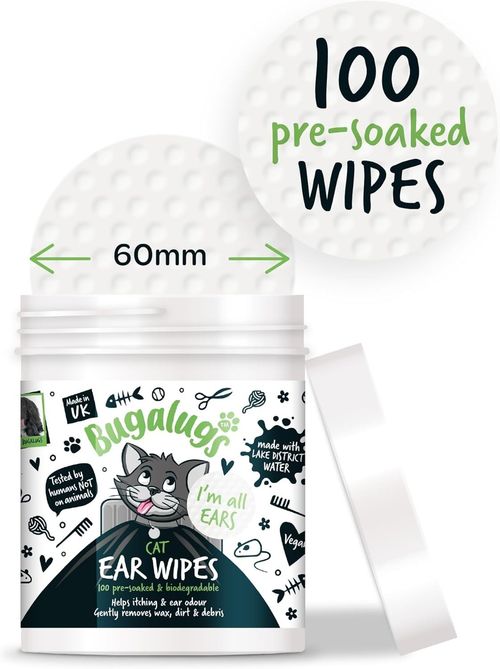 BUGALUGS Cat Ear Cleaner Cat Wipes 100 Biodegradable Stops Head Shaking, Itching — image 4