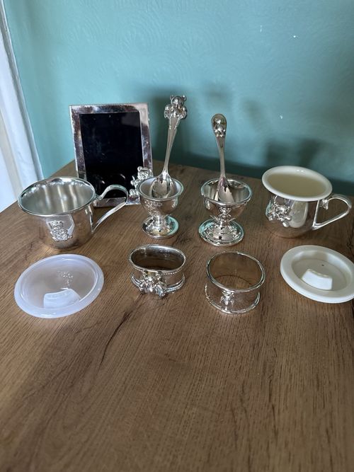 Vintage Teddy Bear Silver Metal Christening Sippy Cups, Egg & Spoon Frame Bundle — image 1