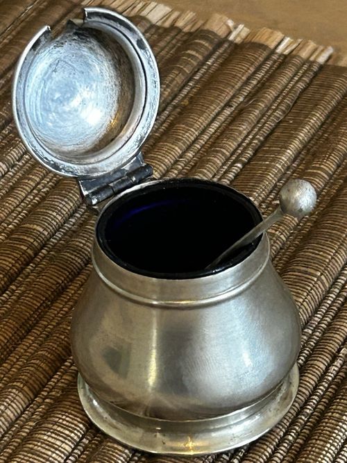 Antique EPNS Silver Plate Mustard Pot with Lid, Blue Glass Liner & Spoon VGC — image 6