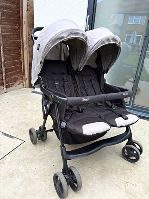 Graco Double Pushchair Twin Stroller Grey/Black with Rain Cover