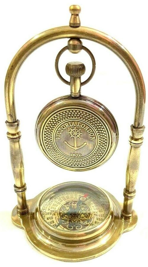 Antique Nautical Victorian London Brass Table Top Decor Clock with Compass — image 6