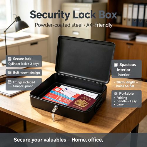 A4 Security Lock Box Large Chest Cash Safe Keys Document Home Office Box — image 2