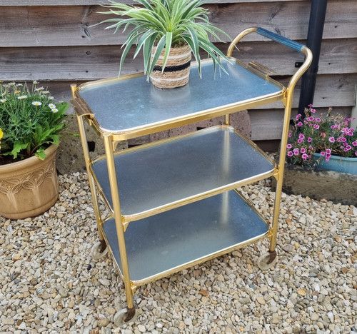 Vintage 3 Tier Tea Trolley Gold Metal Frame Blue Anodised Trays Serving Hostess