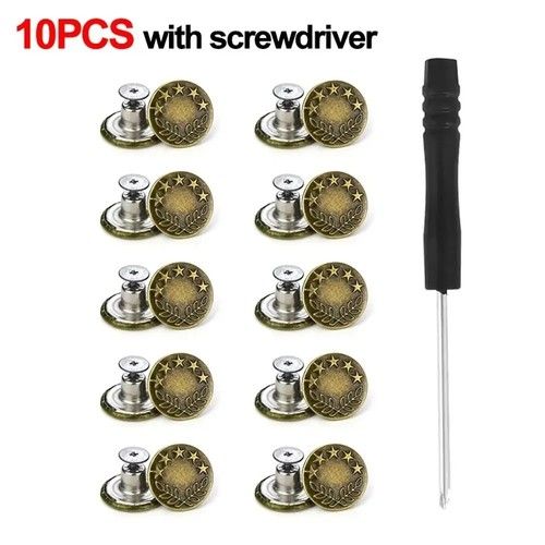 Metal Jeans Buttons Replacement Kit with Hand Screwdriver 17mm Buttons