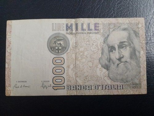 1982 Italian 1000 Lire Mille Banknote Circulated Folded Aged Nice Condition Note
