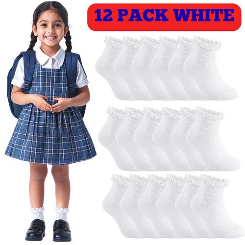 3-12 Pairs Girls Ankle Socks Back To School Plain Cotton Lace Frilly Socks
