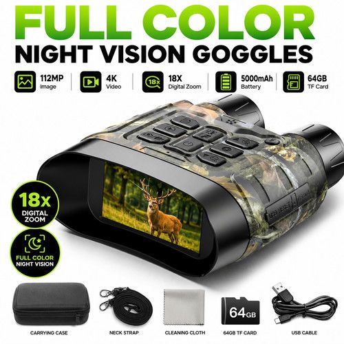 4K Full Color Night Vision Goggles, 112 MP Night Vision Binoculars 18X Zoom&64GB
