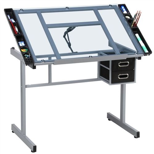 Rolling Drafting Table Angle Adjustable Drawing Artwork Desk with Glass Tabletop — image 2
