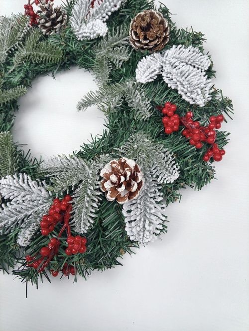45cm Snow Tipped Christmas Wreath with Pine Cones and Red Berries — image 3