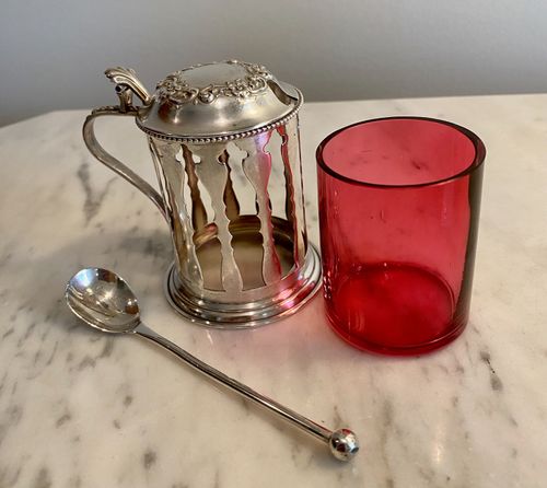 Sterling Silver Victorian Cutwork Mustard Pot Cranberry Liner w/Sterling Spoon — image 10