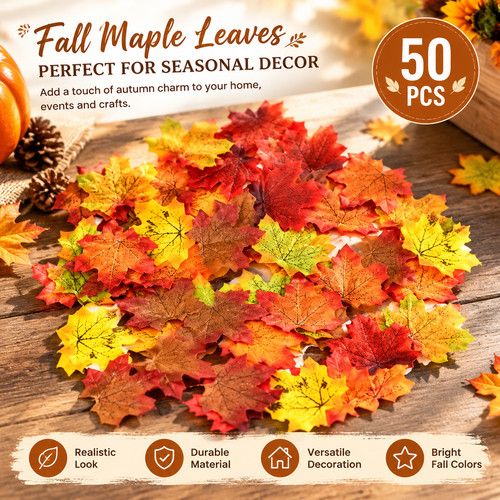 50 Pcs Artificial Maple Leaves Autumn Fall Fake Leaf Halloween Decorations UK