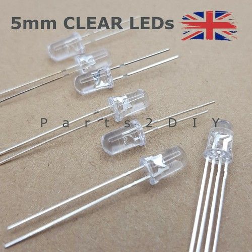 5mm CRYSTAL CLEAR LED Ultra Bright Diode Water Clear Bulb Colours UK 1.8-3V