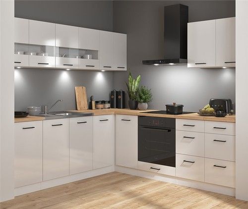 Corner Kitchen Set 11 Units Complete DIY Fitted Cabinets White Gloss Slab Junona