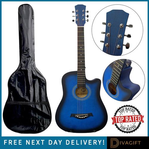 BLUE ACOUSTIC GUITAR CUTAWAY HARDWOOD FINISH STEEL STRINGS 38 INCH ADULT SIZE 