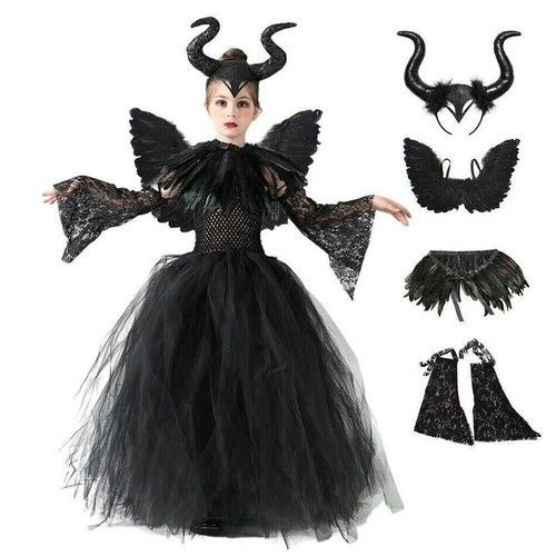 UK Set Kids Maleficent Cosplay Costume Dress Headband Girl Halloween Outfit* new