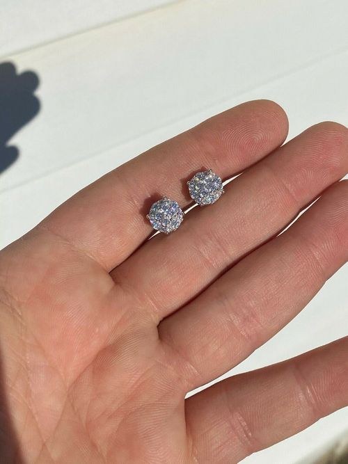 Real Solid 925 Silver Iced Simulated Diamonds Earrings 1/3" Cluster Round Studs — image 4