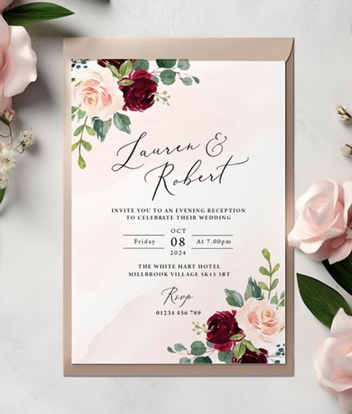 EVENING WEDDING INVITATIONS - Burgundy Red and Pink Blush - 10 Pack
