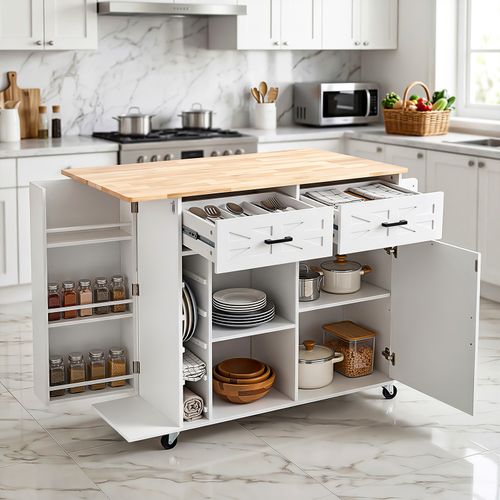 Kitchen Island with Side Storage Rack Mobile Kitchen Trolley Cart w/ Cabinet UK — image 5