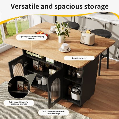 Kitchen Island Storage Trolley Serving Cart Cabinet Drop Leaf Table Top, Black — image 4
