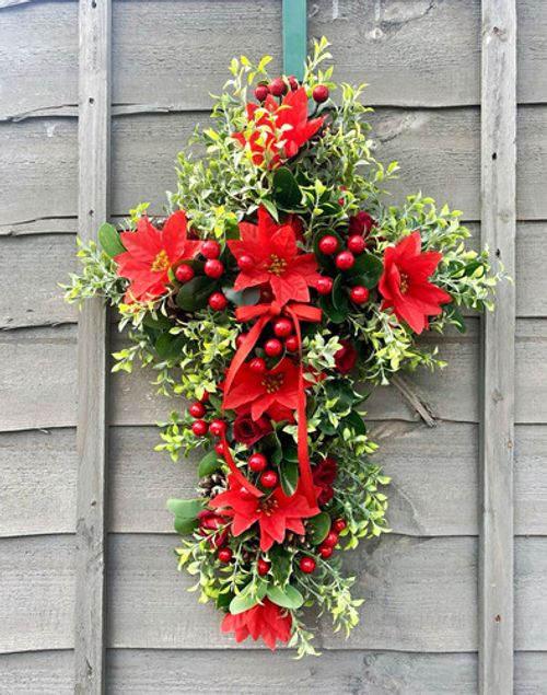 Artificial Christmas cross Door Wreath Red Poinsettia Berries Green Foliage