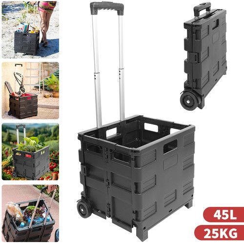 45L Folding Boot Cart Shopping Trolley Fold Up Storage Box Wheels Crate Foldable