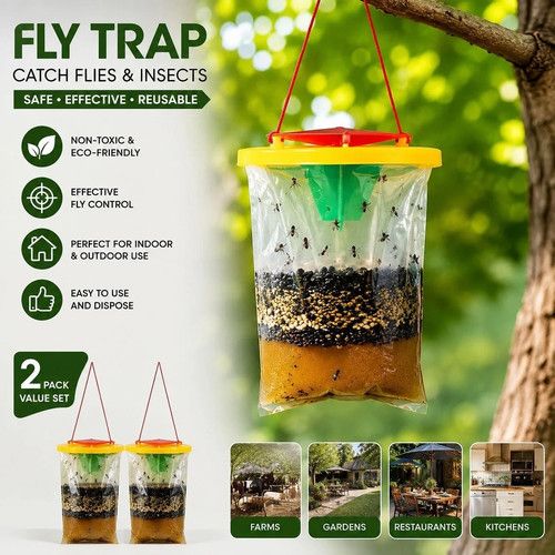 2X Red Top Fly Trap Bag Catcher 20,000 Flies Insects Pest Control Killer Bait UK