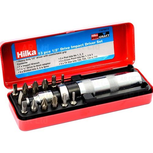 Hilka Hand Impact Screw Driver 13 Impact Screwdriver Bits Heavy Duty 1/2" Dr