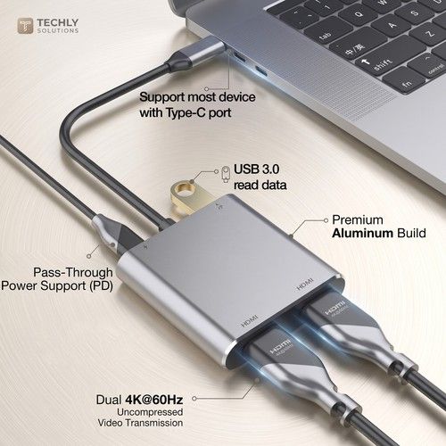 4K USB C to Dual HDMI Adapter Hub 60Hz, 4in1 - includes USB 3.0 and PD Input
