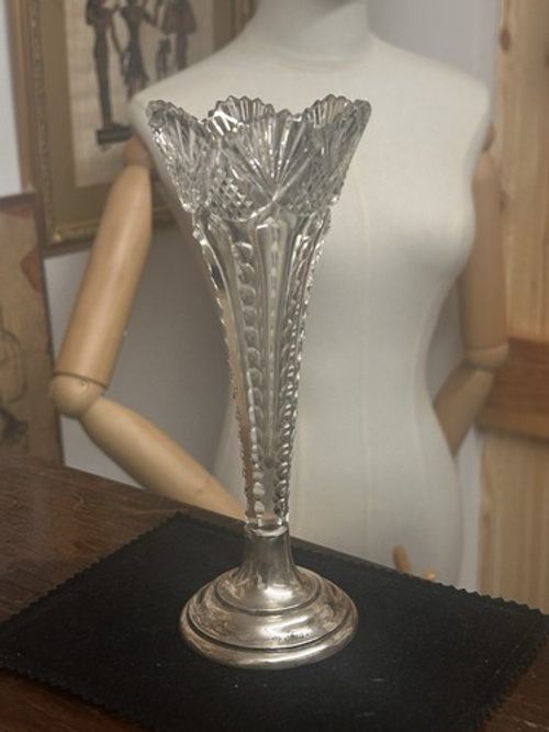 Antique 1900S Sterling Silver Base & Cut Crystal Spill Vase By A.C Birmingham￼