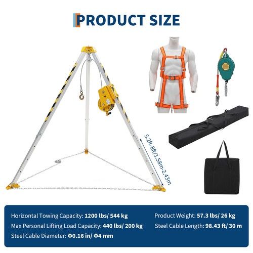 Confined Space Tripod Kit Rescue Tripod Fall Arrest 8' Legs & 98' Cable 1200 lbs