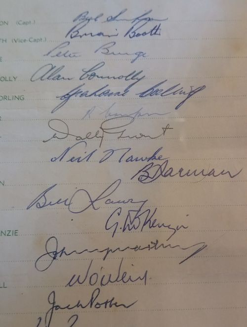 1964 Australian Ashes Tour Team Autograph Sheet signed by all 17 players framed — image 4