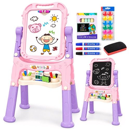 Kids Folding Double Sided Magnetic Drawing Board Easel Colour Chalk Eraser Pink