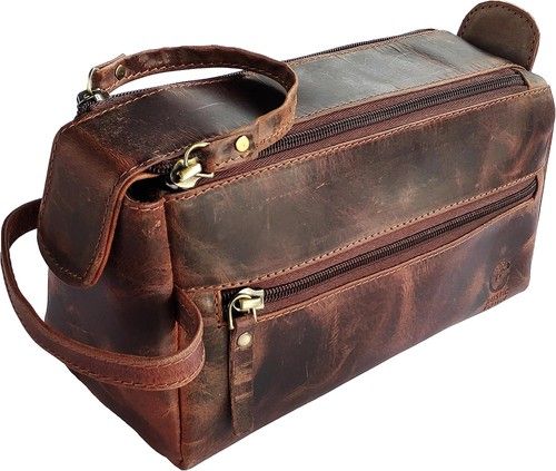 Leather Wash Bag for Men - Travel Toiletry Bag - Shaving Dopp Kit Toiletries Org