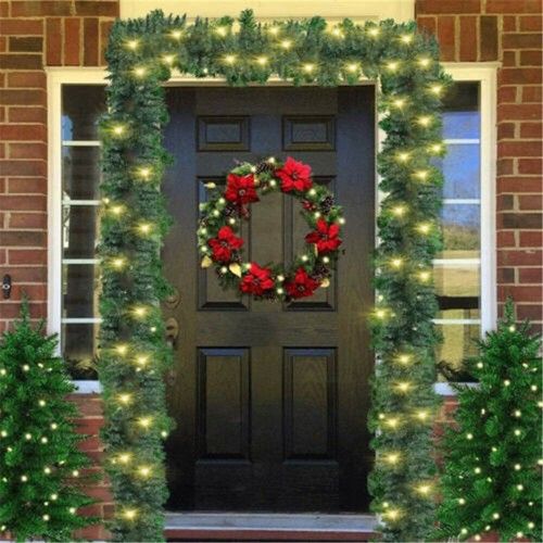 16FT Pre Lit Christmas Garland with LED Lights Door Wreath Xmas Fireplace Decors