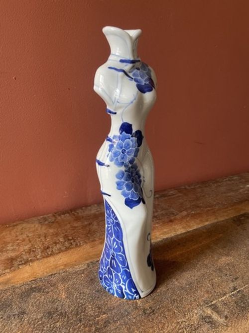 Chinese Blue White Porcelain Lady Figure Vase 32cm Floral Vintage Style