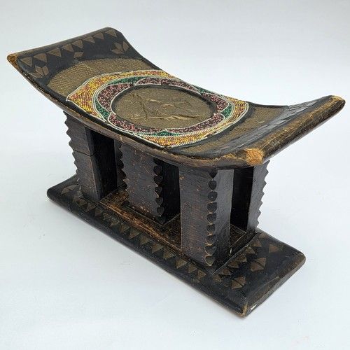 Vintage Hand carved Wooden Ghana Ashanti Stool Africa Brass Copper Bead Work 