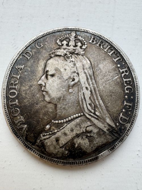 1889 Queen Victoria Silver Crown Jubilee Head – St George Dragon Victorian Coin — image 1