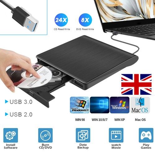 USB External CD Burner DVD/CD Reader Player for Windows Mac Laptop Computer