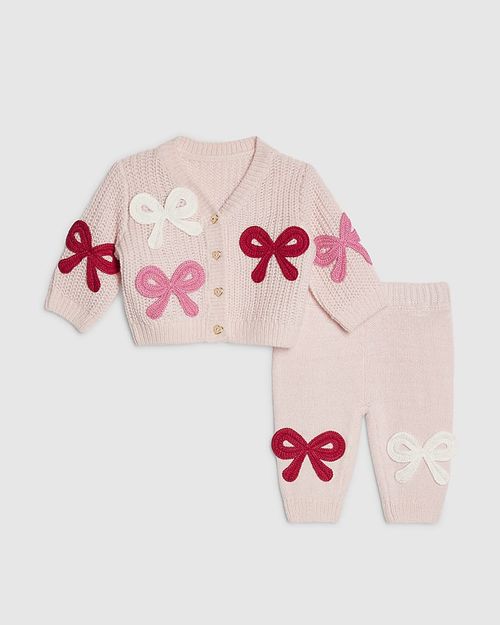River Island Baby Girls Cardigan & Bottoms Set Pink 3D Bow 2 Piece Long Sleeve — image 1