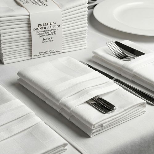 Luxury 100% Cotton Damask Napkins 56x56cm Satin Band Dinner Cloths serviettes — image 2