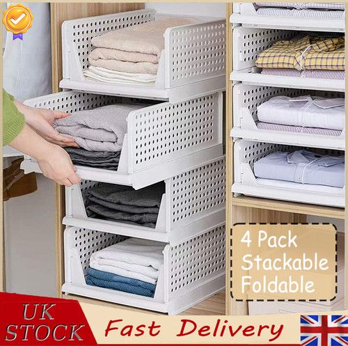 4x Stackable Folding Wardrobe Organiser Shelf Pull Out Closet Storage Box Drawer